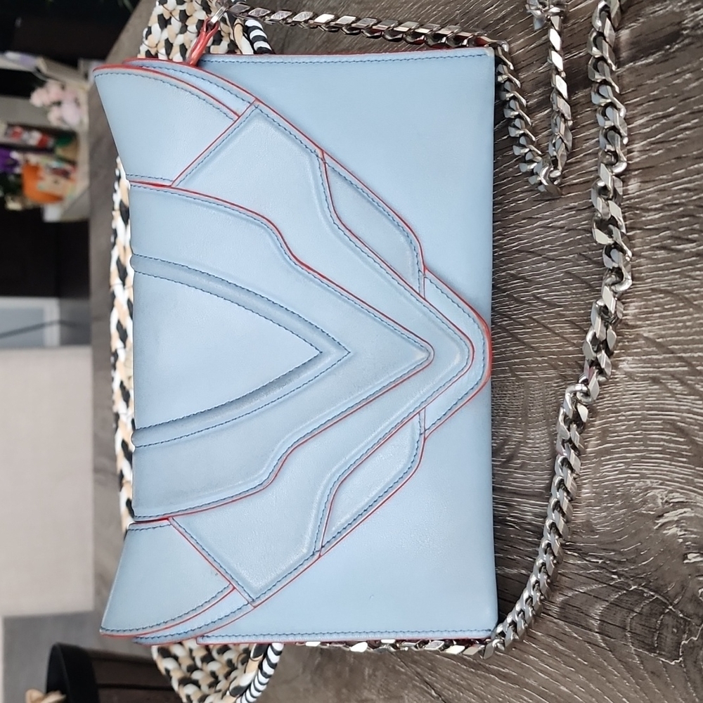 RARE! Elena Ghisellini Felina Mignon Light Blue Leather Crossbody Bag Red Trim